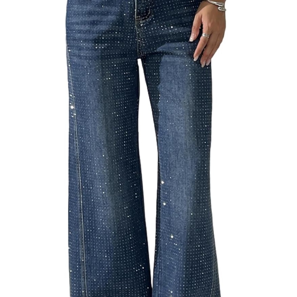 Women's Blue Wide-Leg Rhinestone Jeans